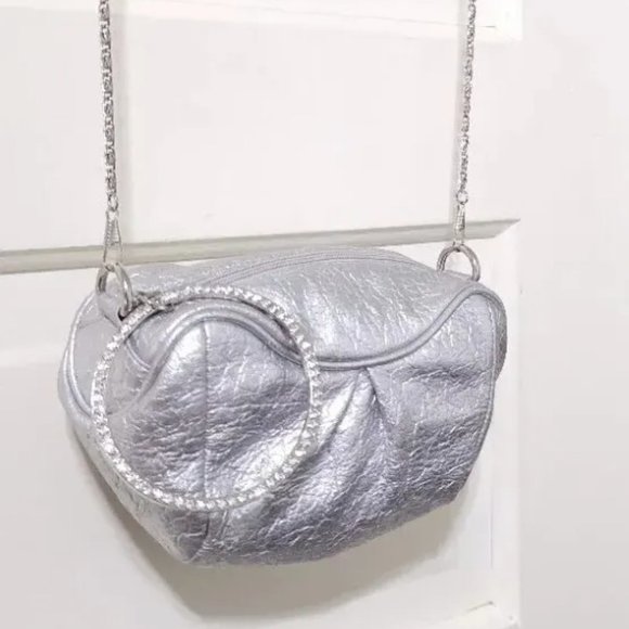 NEW Big Buddha SHINY Metallic SILVER Mini Crossbody Clutch Purse Rhinestone Zip - Picture 7 of 12